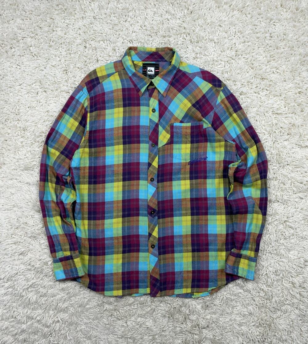 Quiksilver Mens XL Flannel Shirt Purple Teal Yellow Plaid Button Up Long Sleeve